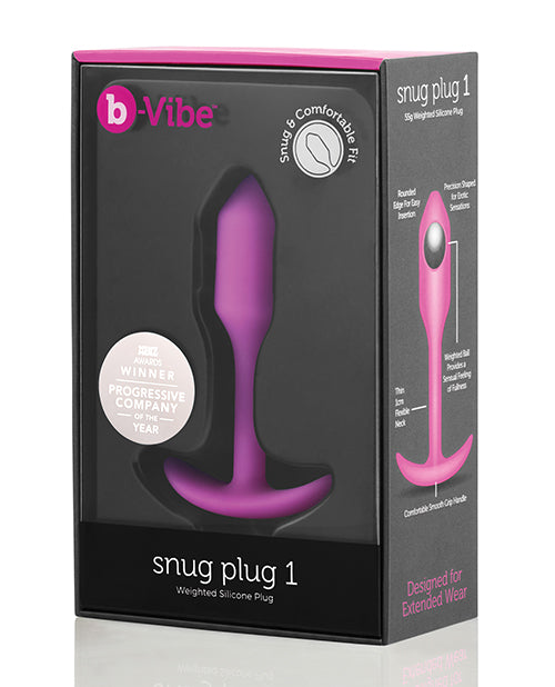 b-Vibe Snug Plug 1 butt plug, silicone, fuchsia, smooth grip handle