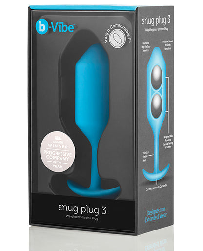 b-Vibe Snug Plug 3, teal silicone, medium weighted butt plug with grip handle