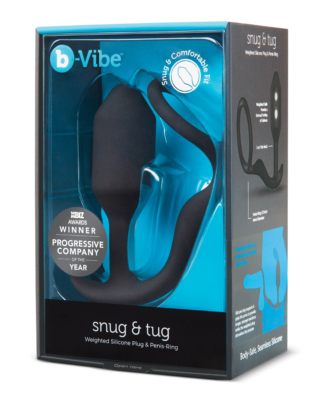 b-Vibe Snug and Tug black silicone weighted plug with cock ring