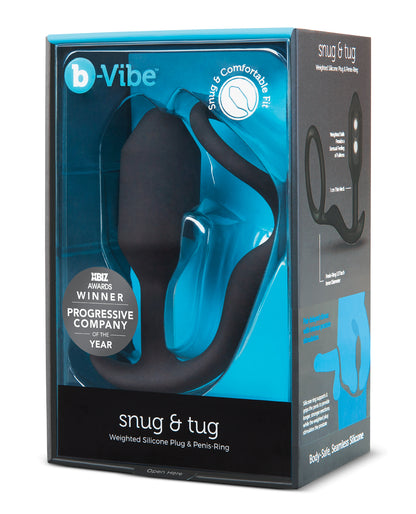 b-Vibe Snug and Tug black silicone weighted plug with cock ring