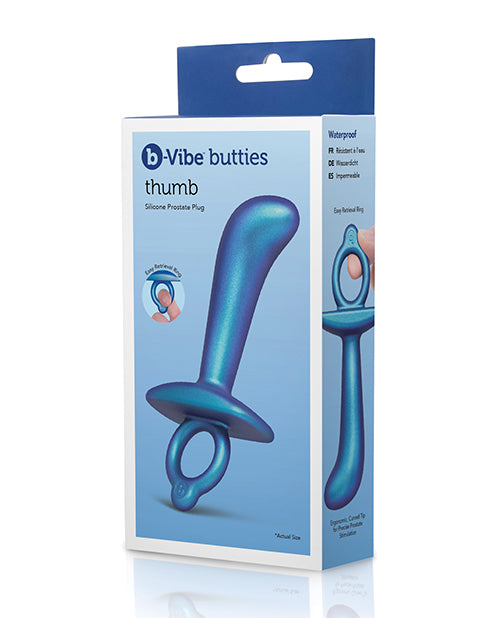 b-Vibe Thumb prostate plug, blue silicone, curved tip with finger ring handle