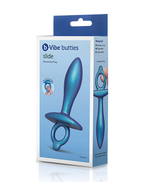 b-Vibe Slide butt plug, blue silicone, sphere shape with finger ring base