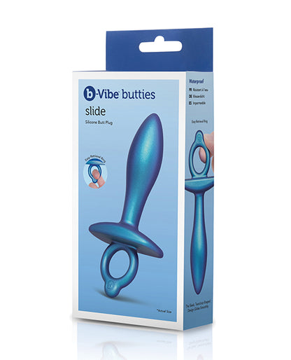 b-Vibe Slide butt plug, blue silicone, sphere shape with finger ring base