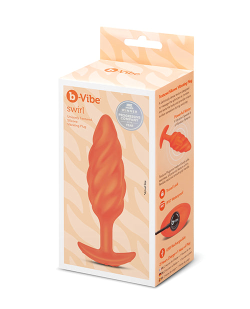 b-Vibe Swirl Texture Plug, silicone, orange, tapered swirl ridges