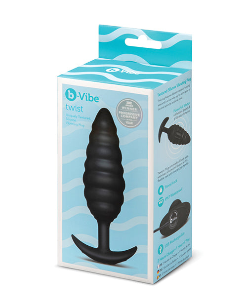 b-Vibe Twist Texture Plug, black silicone, rope-textured shaft with tapered tip