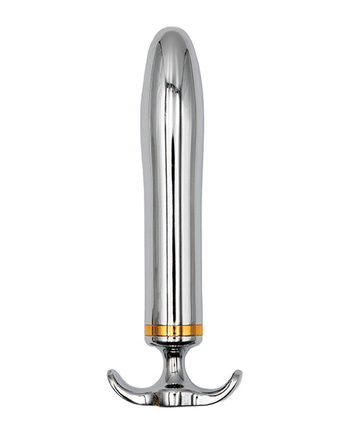 Rocket-shaped grey aluminum metal vibrator, smooth polished finish