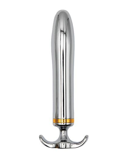 Rocket-shaped grey aluminum metal vibrator, smooth polished finish
