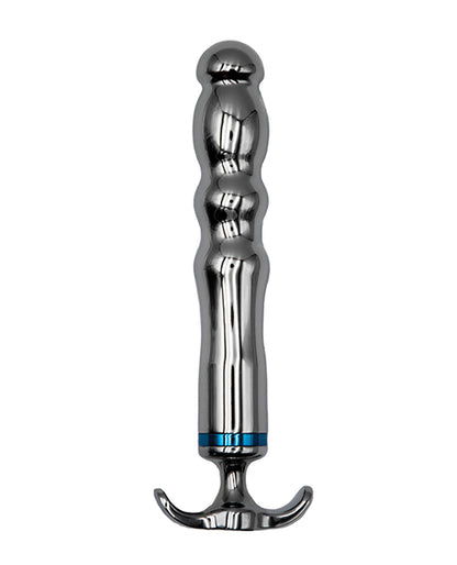 Grey metal ribbed vibrator with curved silhouette, rechargeable