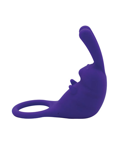 Purple silicone cock ring with rabbit-ear bullet vibrator attached