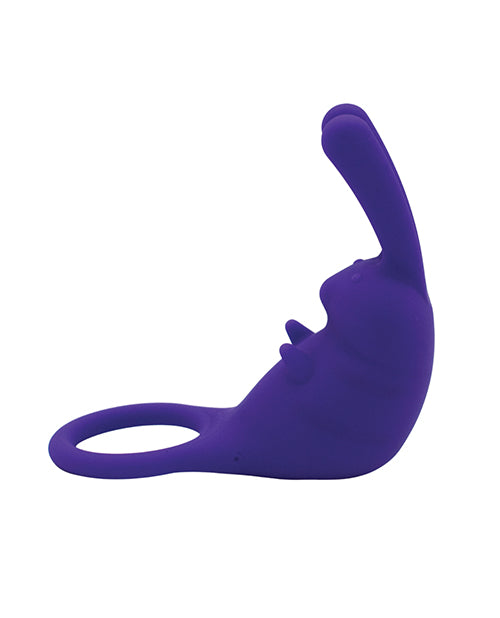 Purple silicone cock ring with rabbit-ear bullet vibrator attached
