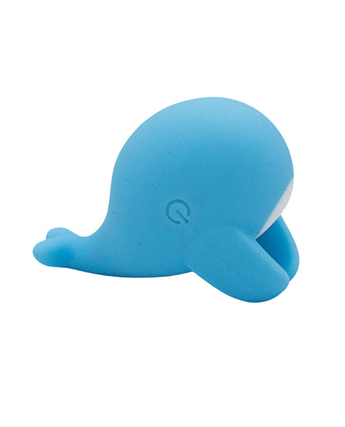 Blue silicone finger vibrator, whale shape with fin grip