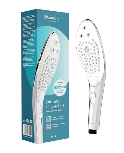 Womanizer Wave shower head, chrome ABS plastic, single-button control