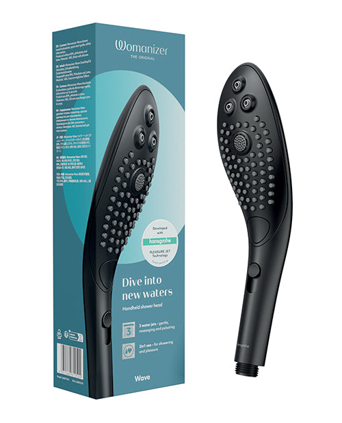 Womanizer Wave shower head stimulator, black ABS plastic, side view