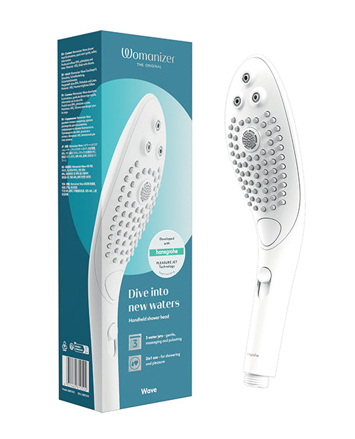Womanizer Wave shower head stimulator, white ABS plastic, single-button control
