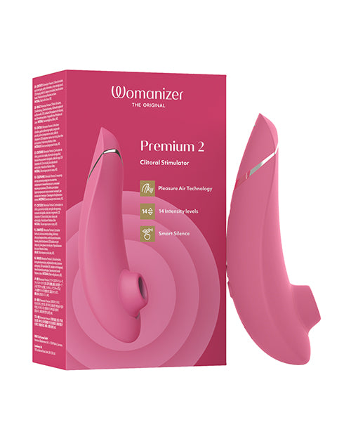 Womanizer Premium 2 clitoral stimulator, raspberry pink, sleek curved design